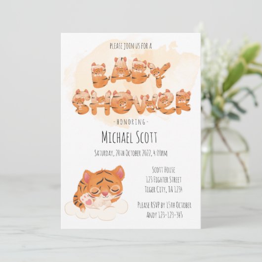 タイガーをテーマにした赤ちゃんシャワー招待状カード 招待状 (スタンド正面)