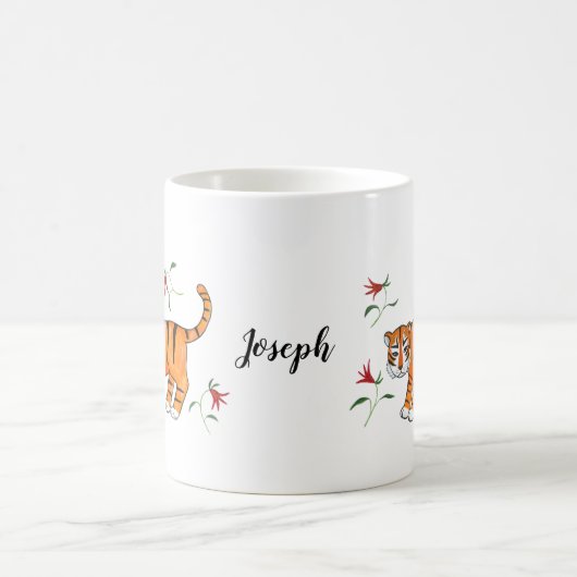 タイガーアートコミカルフェイスタイガー大きな猫名前をカスタムする コーヒーマグカップ (中央)