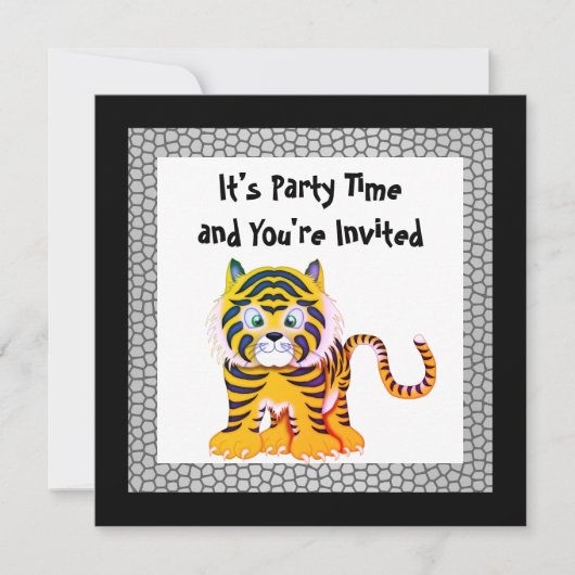 タイガーイエロー黒爬虫類プリント誕生日 招待状 (正面)