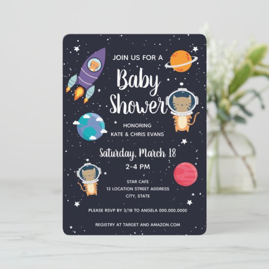 タイガーイン宇宙ベイビーシャワー宇宙ネイビー銀河系 招待状 (スタンド正面)