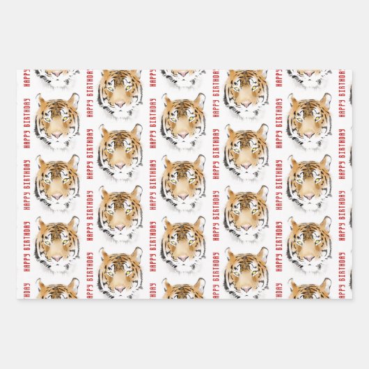 タイガーウォーターカラーアニマルハッピーバースデー ラッピングペーパーシート (正面3)