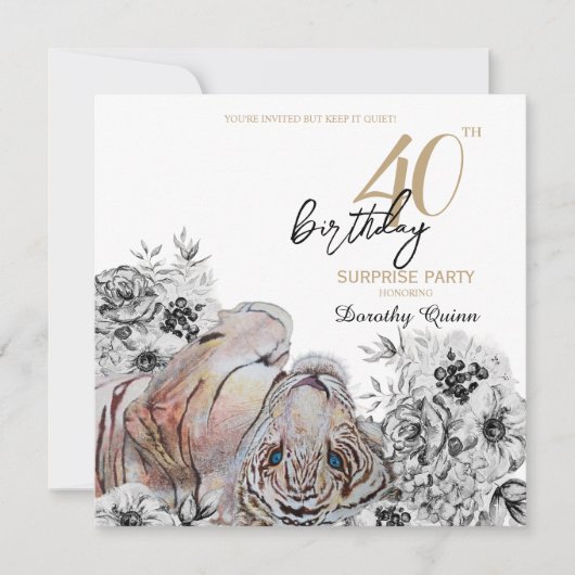 タイガーエレガントボタニカルフローラサプライズ誕生日 招待状 (正面)