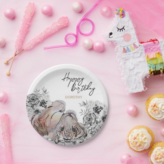 タイガーエレガントボタニカルフローラ誕生日 ペーパープレート (パーティー)