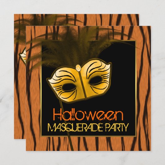 タイガーオレンジブラックハロウィーンマスカレードパーティー 招待状 (正面/裏面)