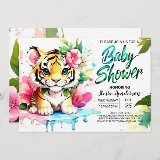 タイガーカッブベビーガールシャワー 招待状 (正面/裏面)