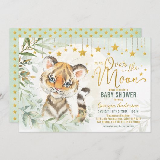 タイガーカブムーン&スターズグリーンリーベビーシャワー 招待状 (正面/裏面)