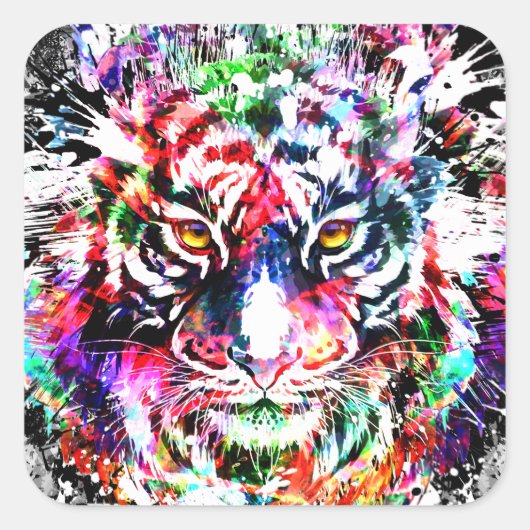 タイガーカラフルステッカー広場 – 野生生物大きな猫 スクエアシール (正面)