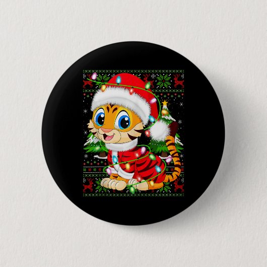 タイガークリスマスセータースタイル醜いサンタタイガークリスマ 缶バッジ (正面)