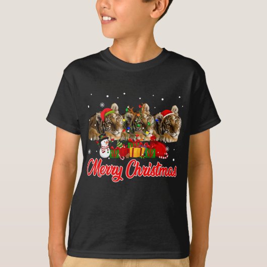 タイガークリスマスパジャマおもしろいクリスマスライト動物L Tシャツ (正面)