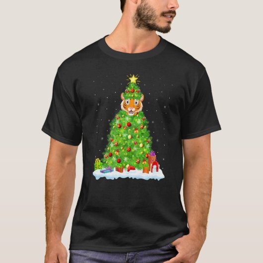 タイガークリスマス照明ツリーおもしろいタイガークリスマス Tシャツ (正面)