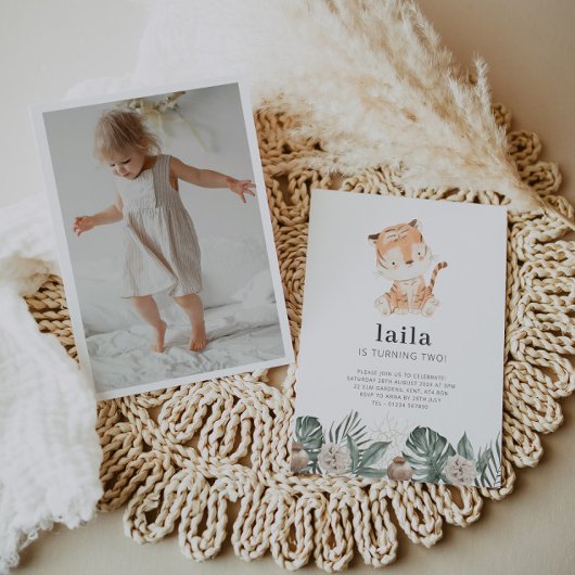 タイガーグリーンリーフローラフォト誕生日招待状 招待状