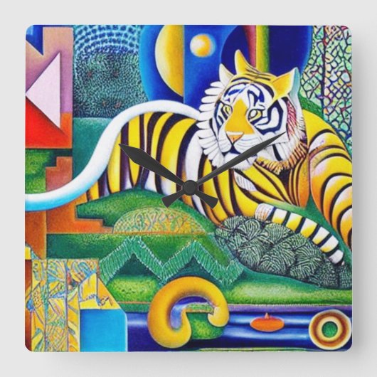タイガーコンテンポラリーアート – 人目を引く装飾 スクエア壁時計 (正面)
