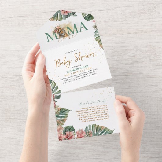 タイガーサファリ動物かわいいジャングルベビーガールシャワー オールインワン招待状 (貼ってはがせる)