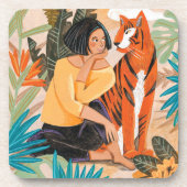 タイガーサンセットジャングルを持つ女性 コースター (正面)