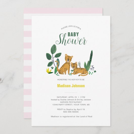 タイガージャングルガール動物 |赤ちゃんシャワーカード 招待状 (正面/裏面)