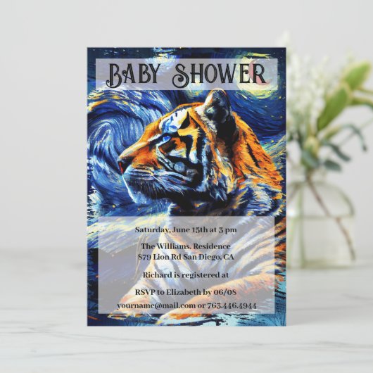 タイガージャングル動物と星空の夜の赤ちゃんシャワー 招待状 (スタンド正面)
