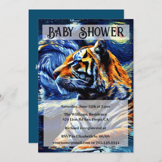 タイガージャングル動物と星空の夜の赤ちゃんシャワー 招待状 (正面/裏面)