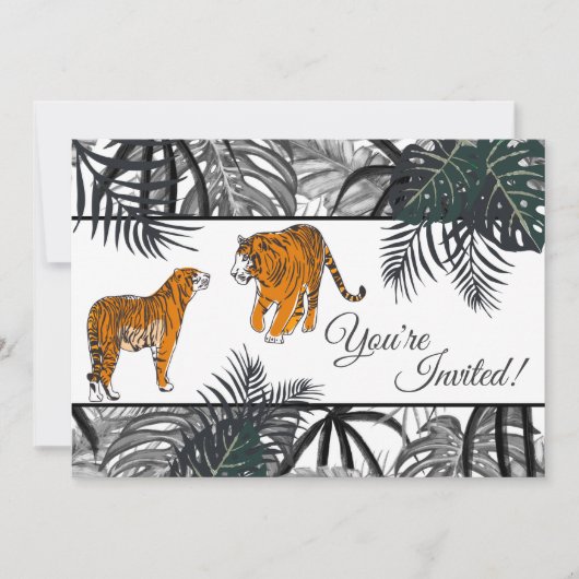 タイガースとパームの葉がトロピカルジャングル結婚ズ 招待状 (正面)