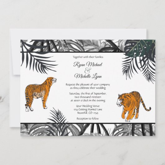 タイガースとパームの葉がトロピカルジャングル結婚ズ 招待状 (裏面)