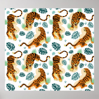 タイガース葉トロピカルヴィンテージイラストレーション。 ポスター