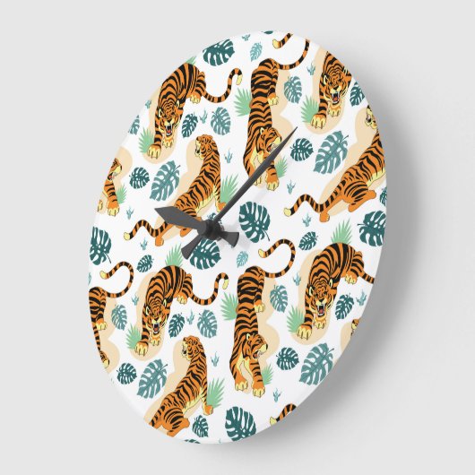 タイガース葉トロピカルヴィンテージイラストレーション。 ラージ壁時計 (傾斜)