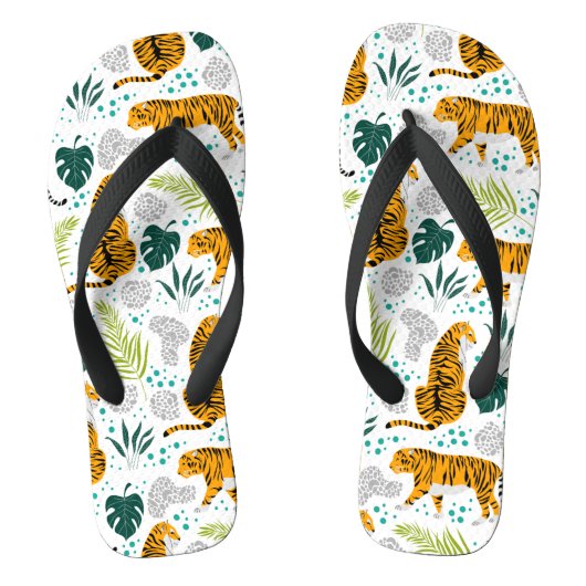 タイガース&トロピカル葉パターン ビーチサンダル (フットベッド)