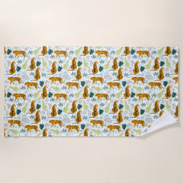 タイガース&トロピカル葉パターン ビーチタオル