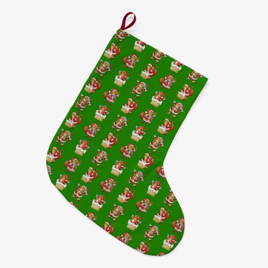 タイガースSanta Christmas繰り返しパターンデザイン ラージクリスマスストッキング (正面 (吊り時))