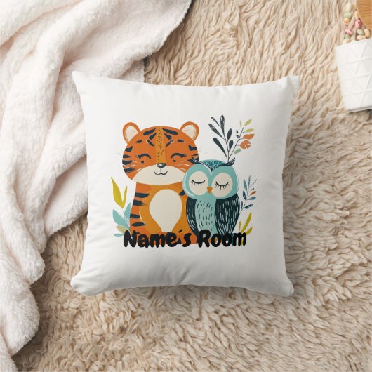タイガーパーソナライズされたとフクロウのデザイン付きキッズルーム クッション (ブランケット)