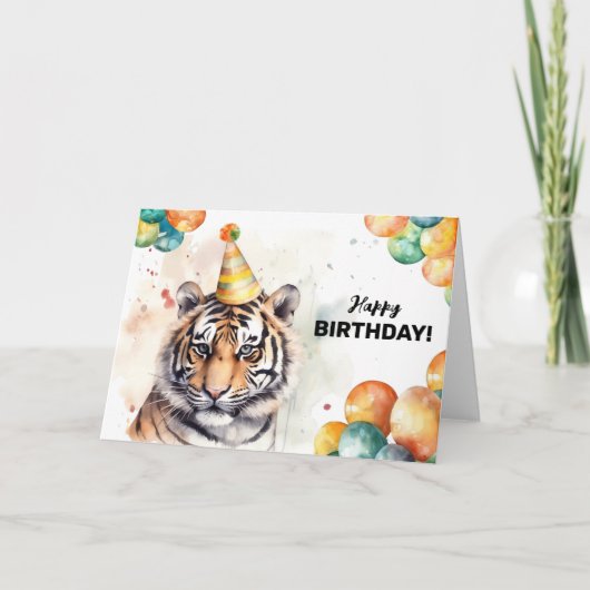 タイガーパーティーハットウォーター色ポートレートハッピーバースデー カード (正面)