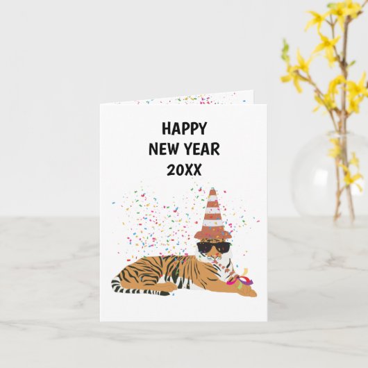 タイガーパートリング – 動物の休日の新年のカード カード (黄色い花)