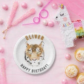 タイガーヘッドの水色誕生日名 ペーパープレート (パーティー)