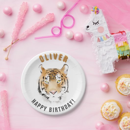 タイガーヘッドの水色誕生日名 ペーパープレート (パーティー)