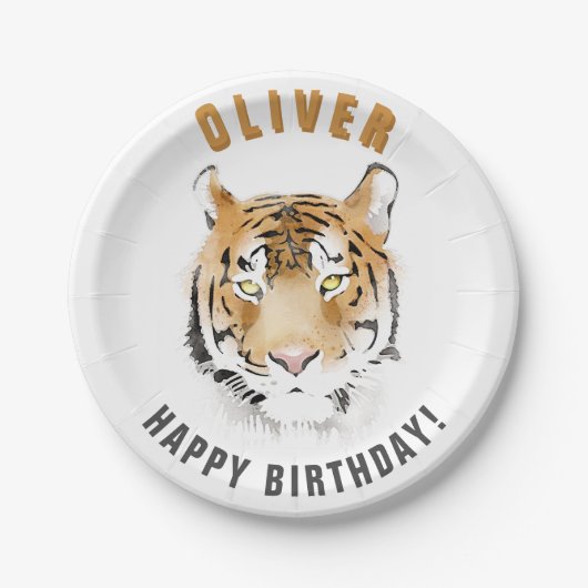 タイガーヘッドの水色誕生日名 ペーパープレート (正面)