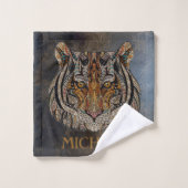 タイガーヘッド、顔、レザールック バスタオルセット (ウォッシュタオル)