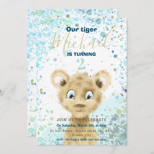 タイガーベビーアニマルボーイズバースデーパーティーの招待 案内状 (正面/裏面)