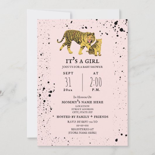 タイガーママピンクガールベビーシャワー招待状 招待状 (正面)