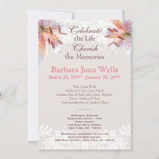 タイガーリリー追悼式の葬儀発表 招待状 (正面)