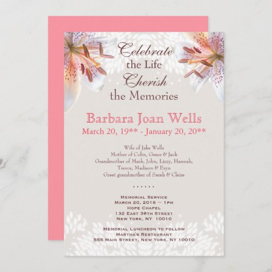 タイガーリリー追悼式の葬儀発表 招待状 (正面/裏面)