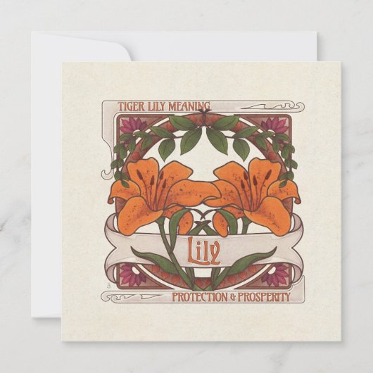 タイガーリリー – 花の意味ヴィンテージ-スタイルグリーン 招待状 (正面)