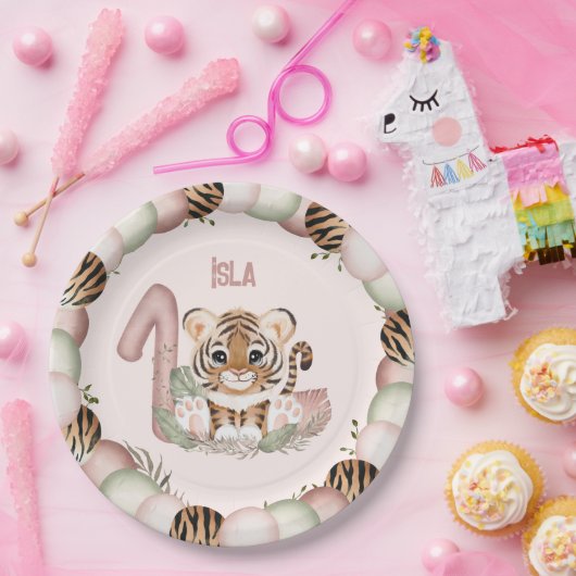 タイガーワイルドワンガールピンク1st誕生日紙プレート ペーパープレート (パーティー)