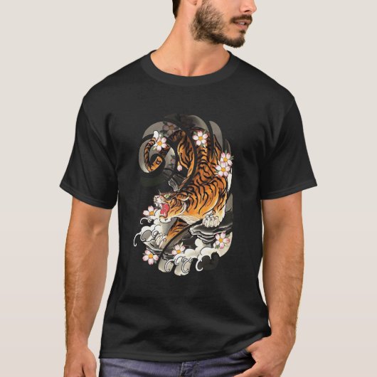 タイガー日本のアジ伝統的アさくらんぼ花 Tシャツ (正面)
