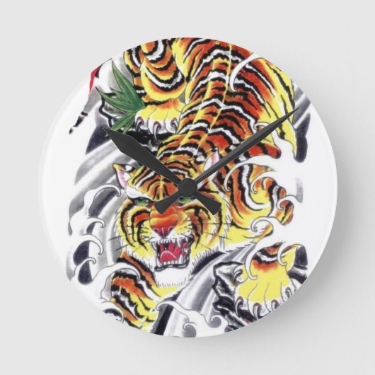 タイガー日本のタトゥーデザイン ラウンド壁時計 (正面)