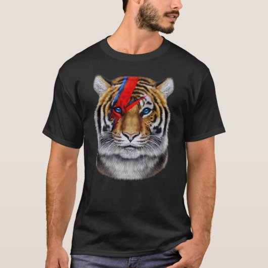 タイガー絵を描顔と赤稲妻ボルト Tシャツ (正面)