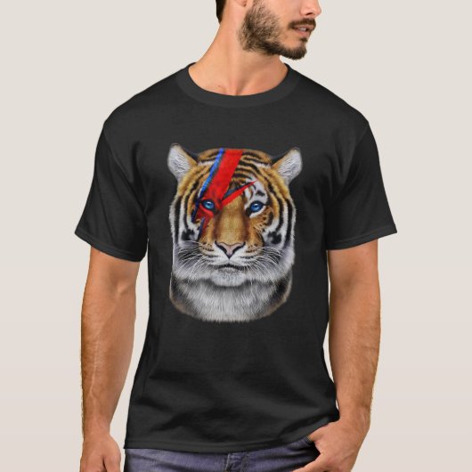 タイガー絵を描顔と赤稲妻ボルト Tシャツ (正面)