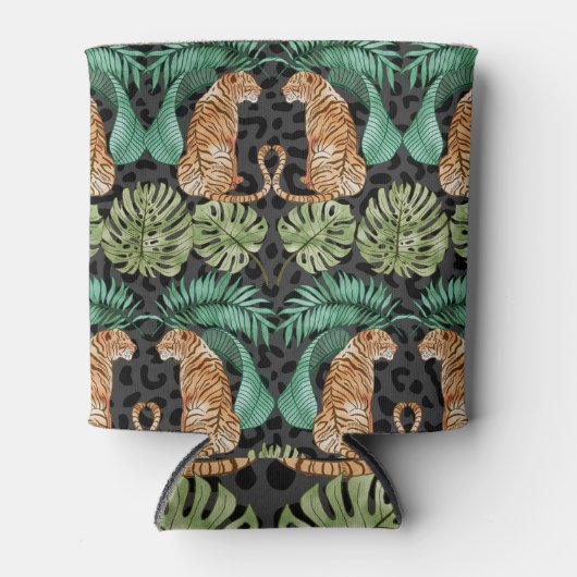 タイガー葉の：水の色ジャングルシームレス。 缶クーラー (正面)