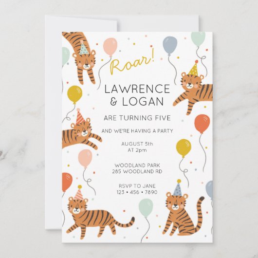 タイガー誕生日パーティーの2つの名前 招待状 (正面)