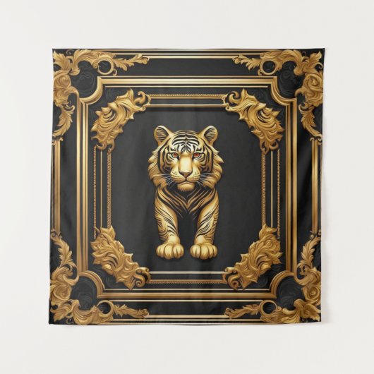 タイガー金ゴールドと黒い装飾枠 タペストリー (正面)