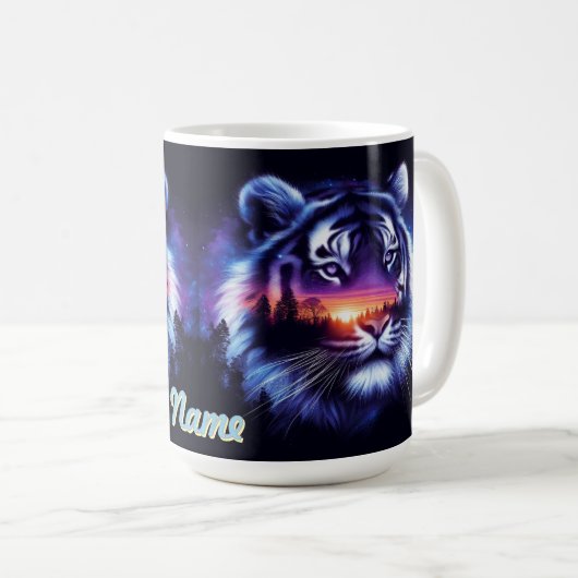 タイガー顔と風光明媚な夕日の風景 コーヒーマグカップ (正面右)