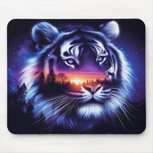 タイガー顔と風光明媚な夕日の風景 マウスパッド (正面)